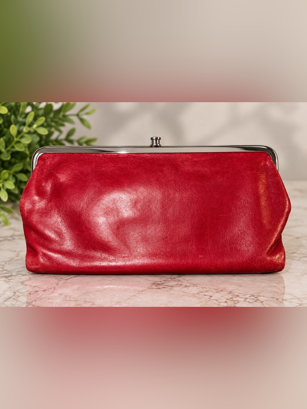 HOBO Red Leather Double Frame Kiss Lock Clutch Wallet Floral Lining